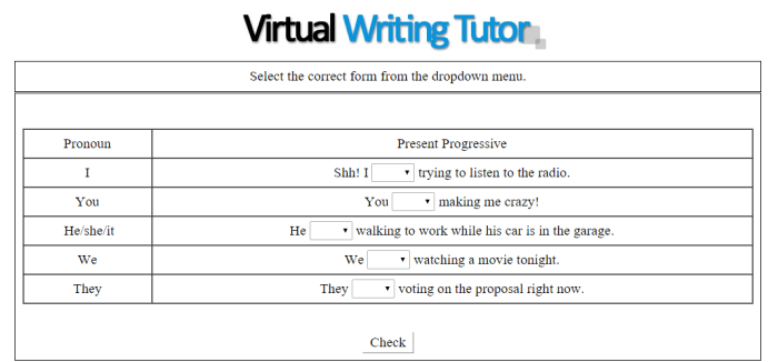 Choose the correct present progressive form for each subject pronoun.